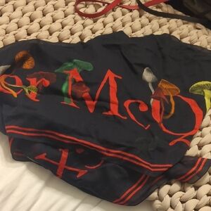 Alexander McQueen Black Scarf with Colorful Mushroom Design